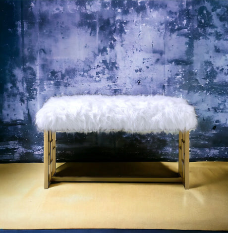 White Faux Fur Upholstered Metal Armless Lounge Bench - Omega Lifestyles