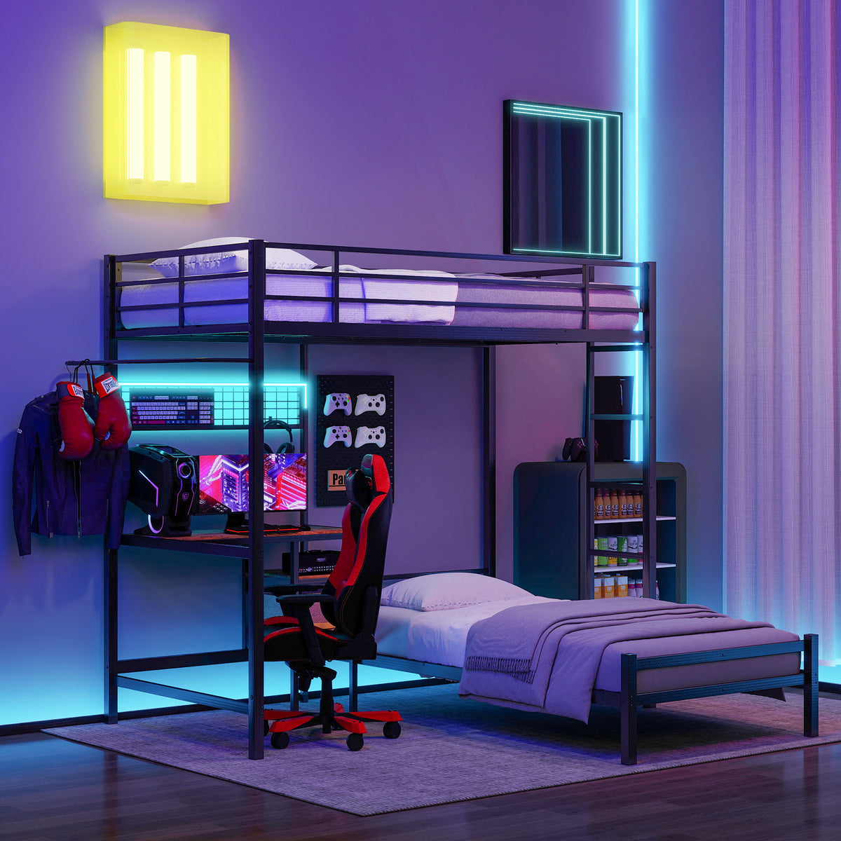 Twin Space-Saving Metal Bunk Bed With Desk and Storage