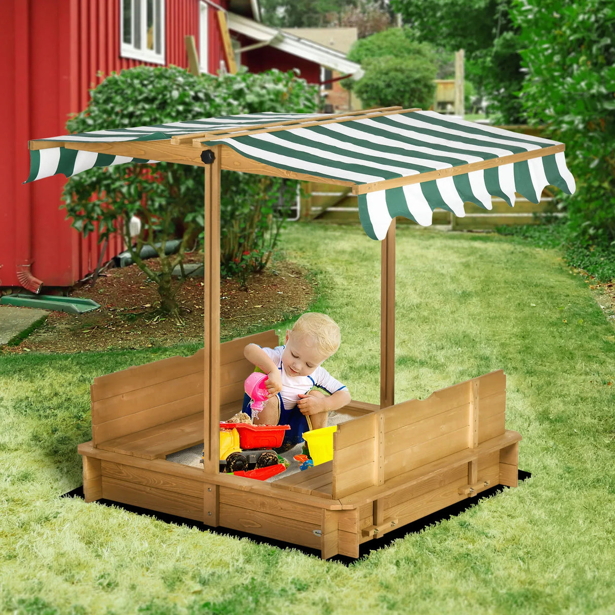Children’s Outdoor Wooden Sandbox With Adjustable Canopy - Omega Lifestyles