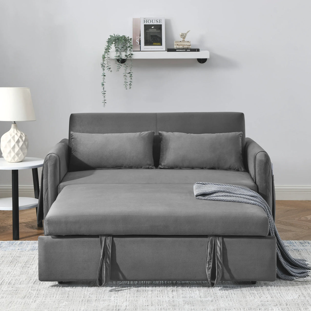 Velvet Convertible Pull-Out Sofa Bed With Pillows - Omega Lifestyles