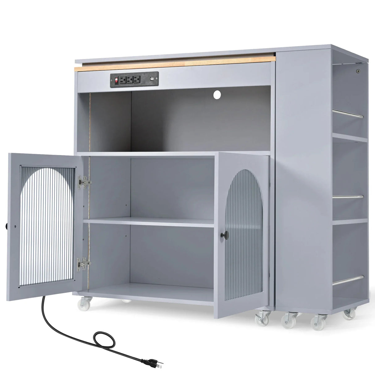 Rolling Kitchen Island With Extended Table Power Outlets LED Lights - Omega Lifestyles