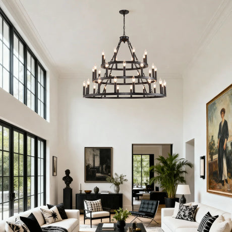 Farmhouse Wagon Wheel 36-Light Matte Black Chandelier - Omega Lifestyles