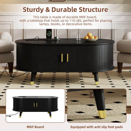 Mid-Century Modern Black Fluted Coffee Table With Charging Station - Sleep Galleria