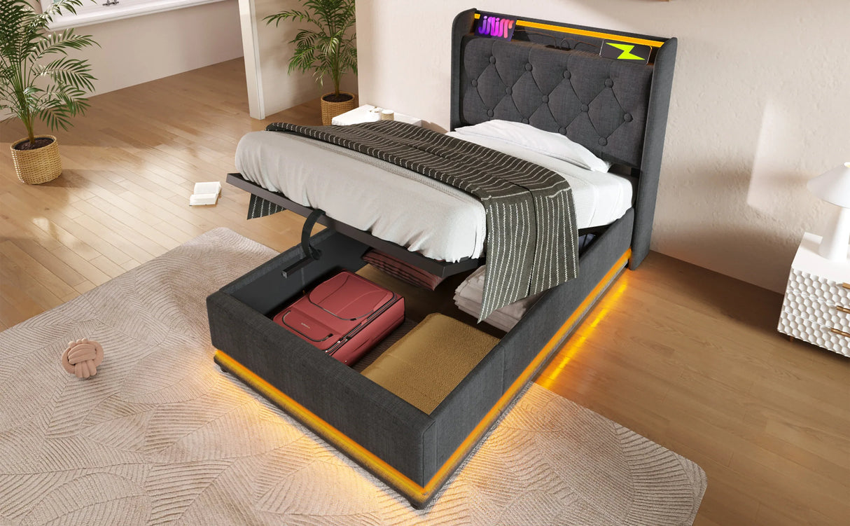 Twin Upholstered Linen Storage Bed With LED Lighting - Omega Lifestyles