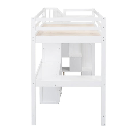 Twin Loft Bed With L-Shaped Desk Drawers Cabinet Staircase - Omega Lifestyles