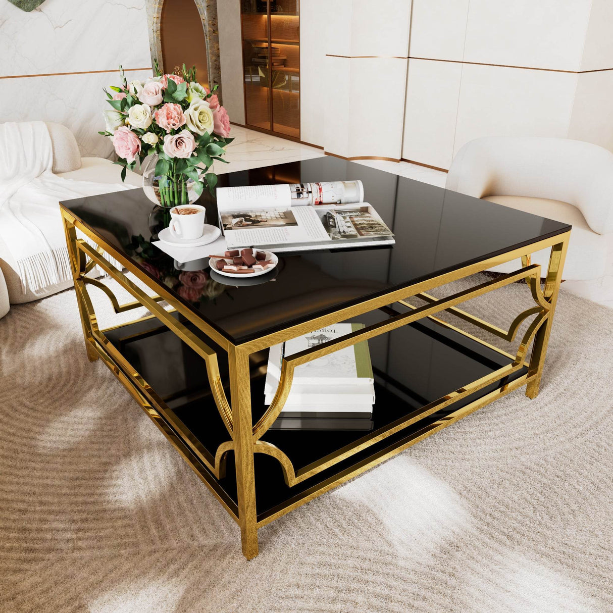 Modern Square Glass Coffee Table With Gold Metal Frame - Sleep Galleria