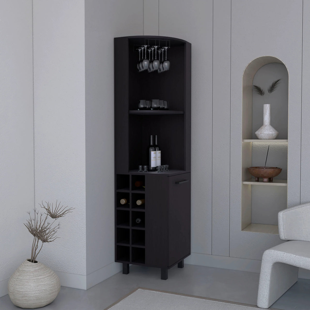 Modern Black MDF Corner Bar Cabinet With Wine Rack - Omega Lifestyles
