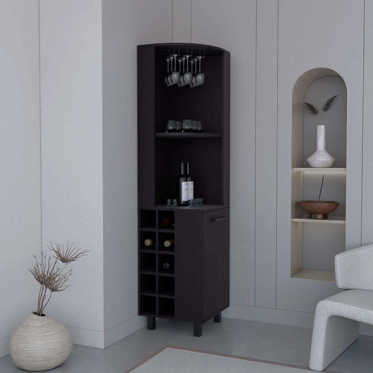 Modern Black MDF Corner Bar Cabinet With Wine Rack - Omega Lifestyles