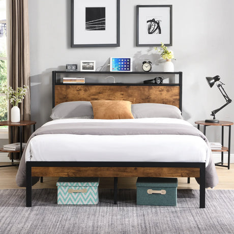 Queen Metal Platform Bed Frame With Wooden Headboard - Omega Lifestyles