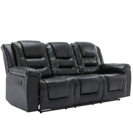 3 Seater Manual Recliner Chair With Cup Holders Black PU - Omega Lifestyles