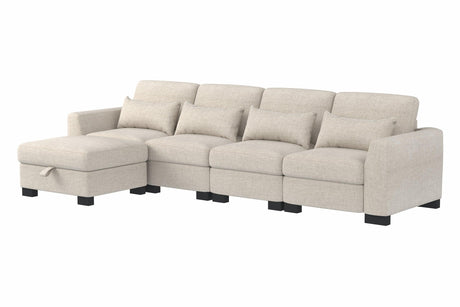 Beige Modular L-Shaped 5-Seat Foam Cushion Sofa With Ottoman - Omega Lifestyles