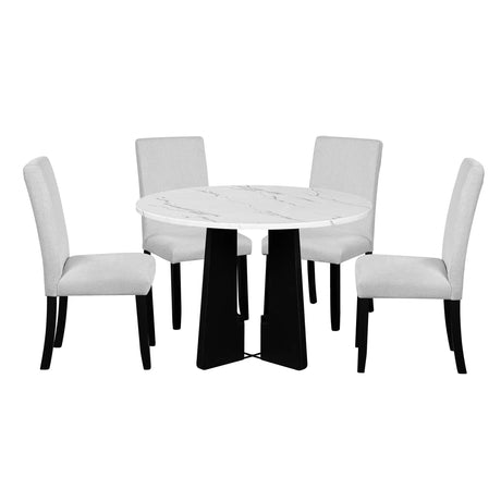 5-Piece Round Solid Wood Dining Table Set With Upholstered Chairs - Omega Lifestyles