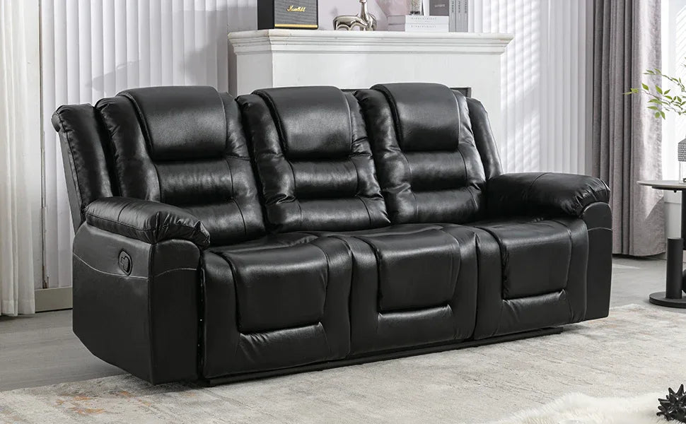 3 Seater Manual Recliner Chair With Cup Holders Black PU - Omega Lifestyles