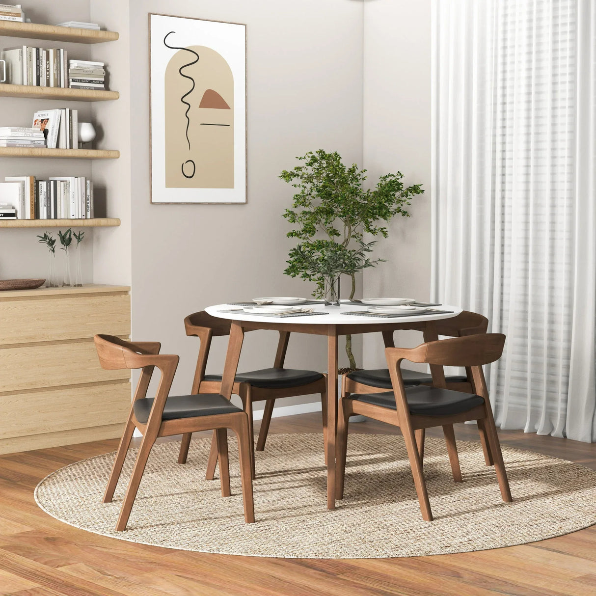 Solid Wood White Dining Table And 4 Walnut Chairs Set - Omega Lifestyles