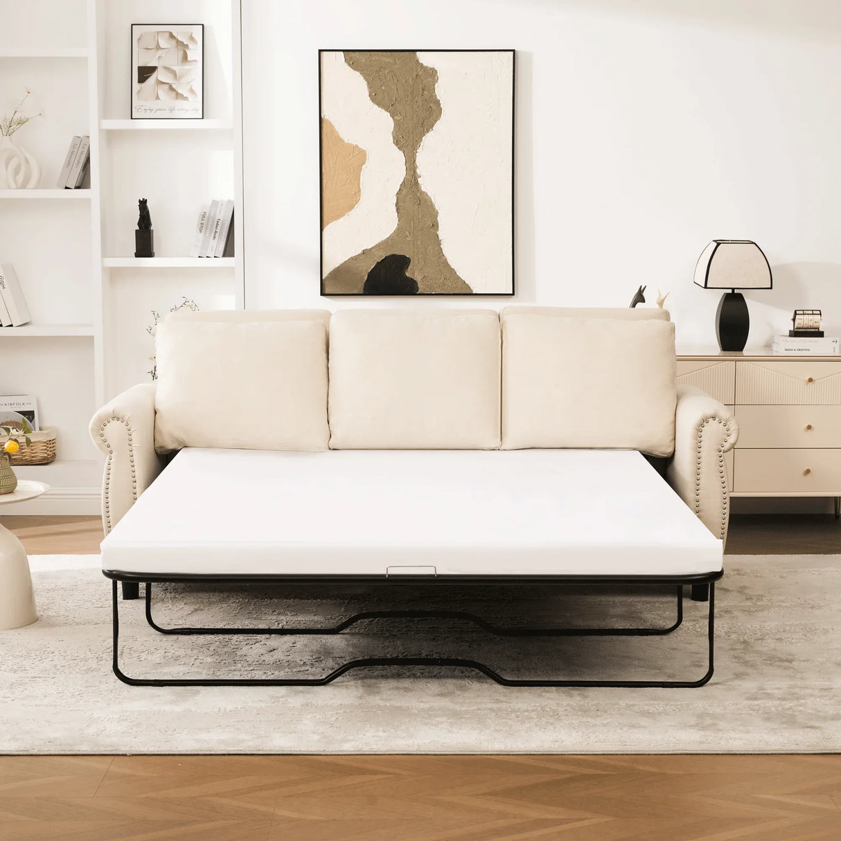 Medium-Firm Linen Sleeper Sofa Bed With Pull-Out Mattress - Omega Lifestyles