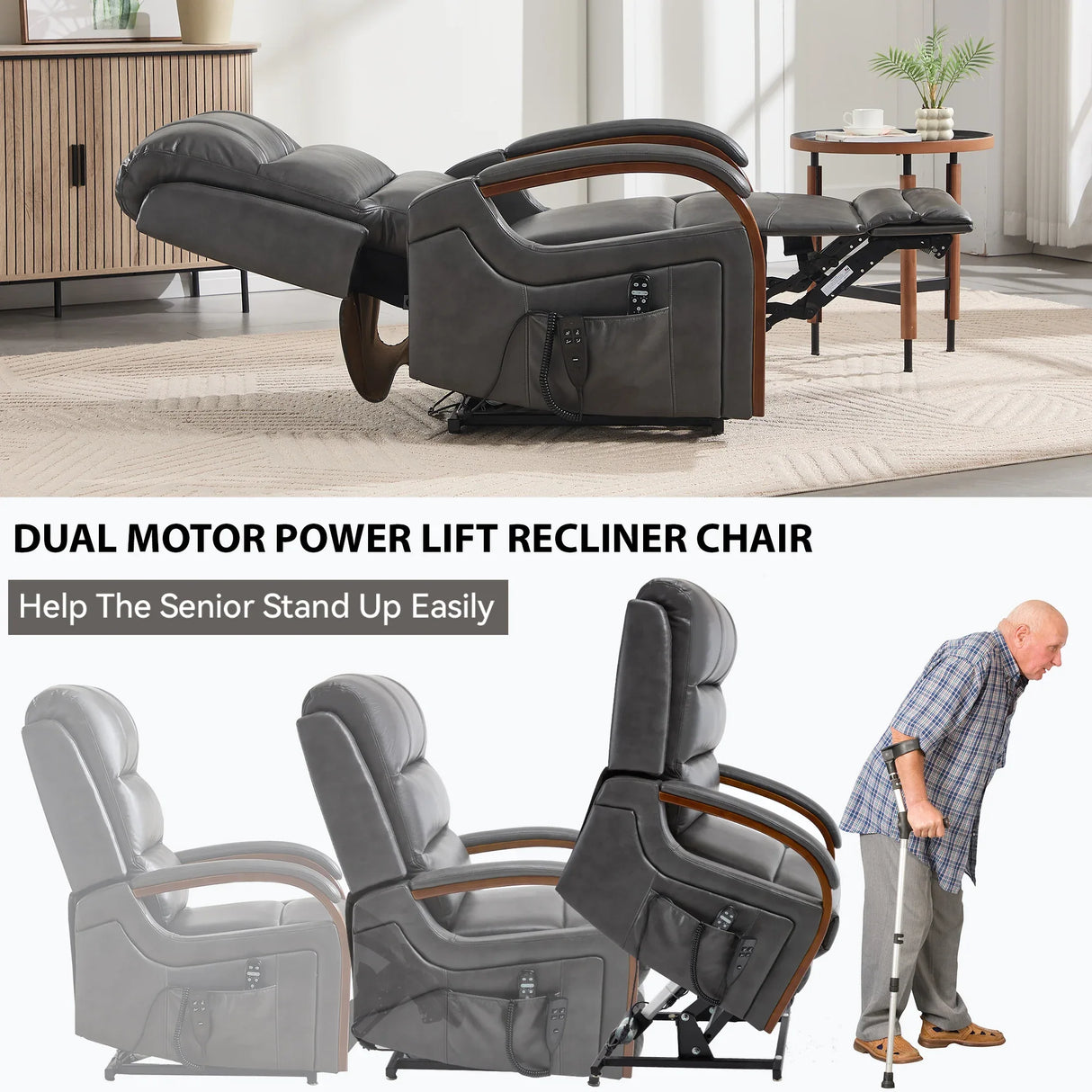 Power Lift Recliner Chair With Heat Massage and Wood Armrests - Omega Lifestyles