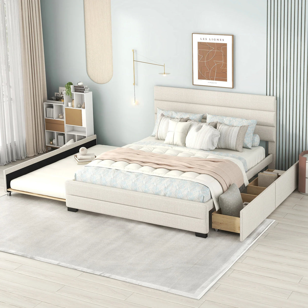 Queen Upholstered Platform Bed With Twin Trundle And Storage Drawers - Omega Lifestyles