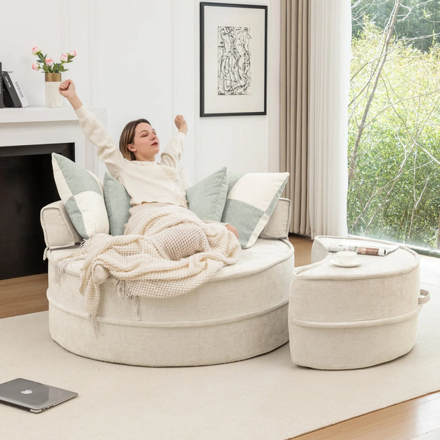 Modern Oversized Chenille Barrel Accent Chair With Ottoman - Omega Lifestyles