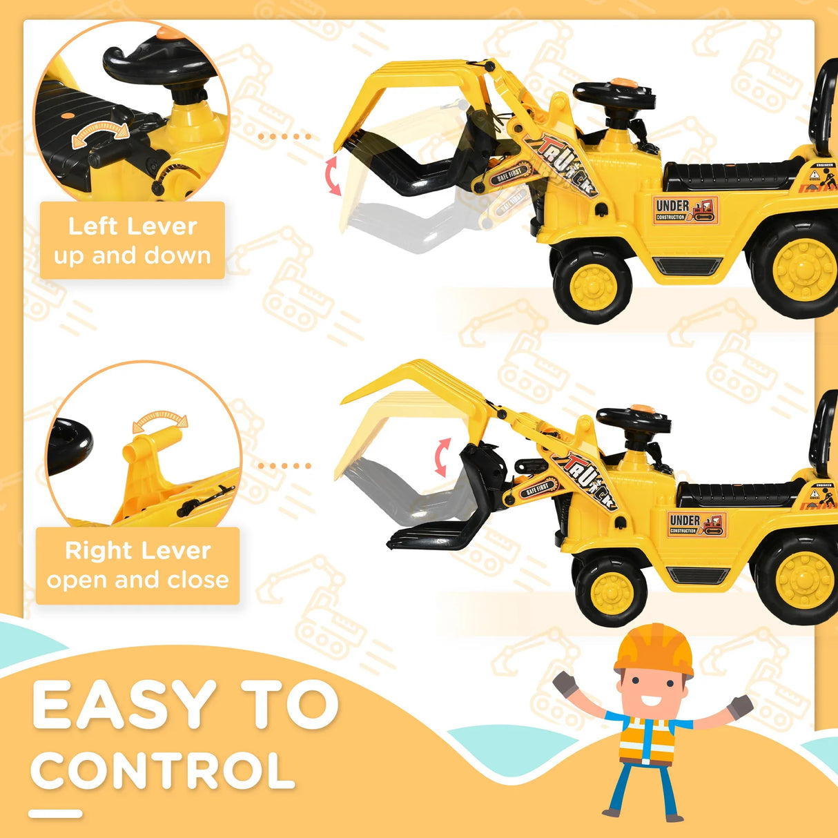 Kids Excavator Ride-On Cart With Grabber And Sound Effects - Omega Lifestyles