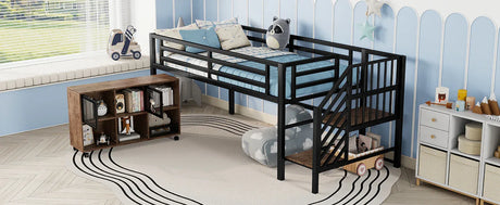 Twin Metal Low Loft Bed With Storage Cubby And Stairs - Omega Lifestyles