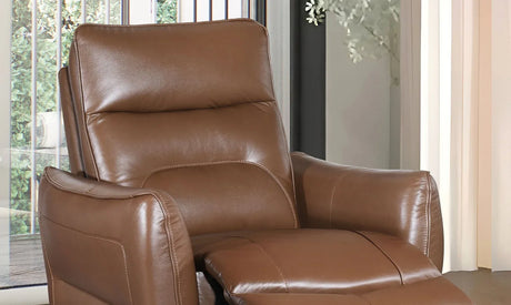 Contemporary Caramel Brown Leather Match Power Recliner - Omega Lifestyles
