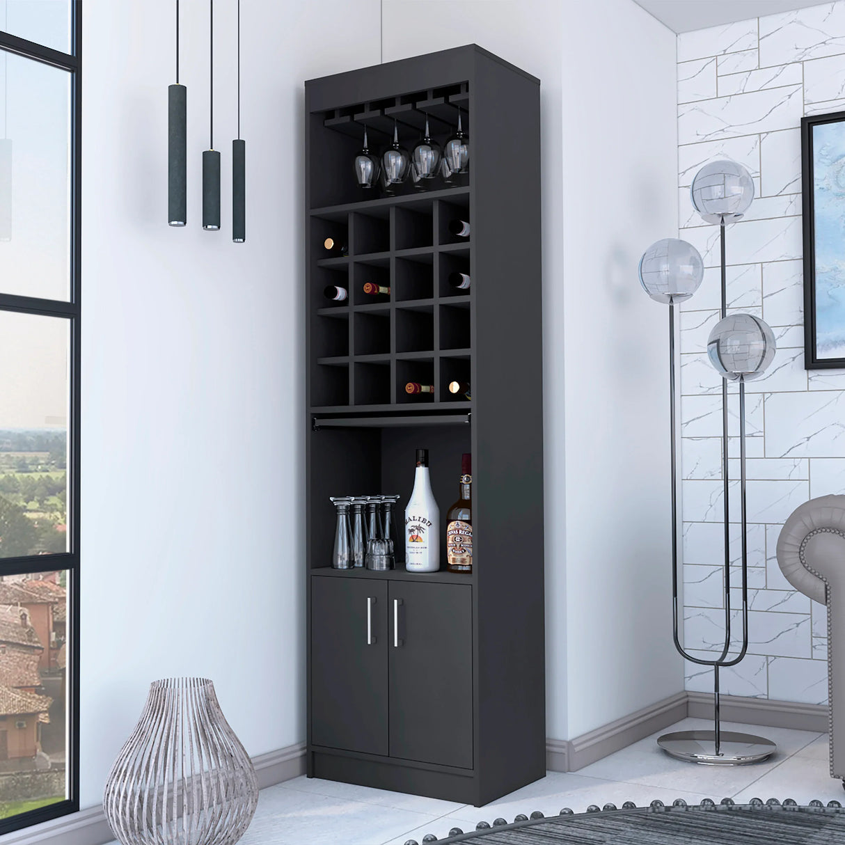 Black Particle Board Bar Cabinet With Wine Rack - Omega Lifestyles