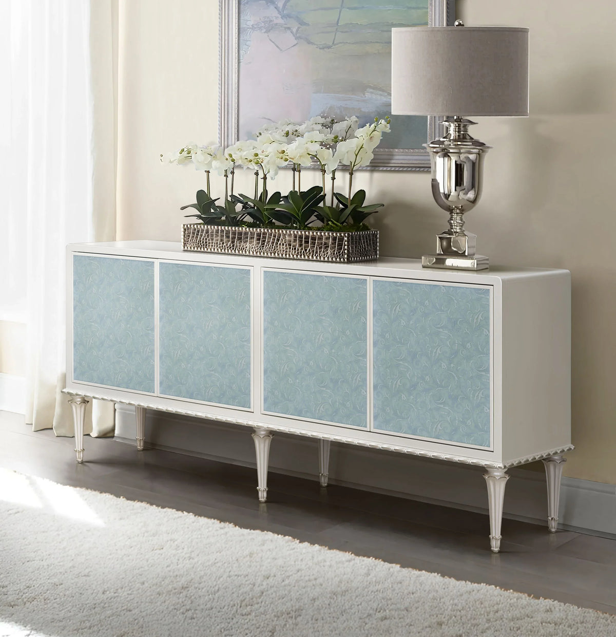 French Provincial Pearl White Silver Console Cabinet - Omega Lifestyles
