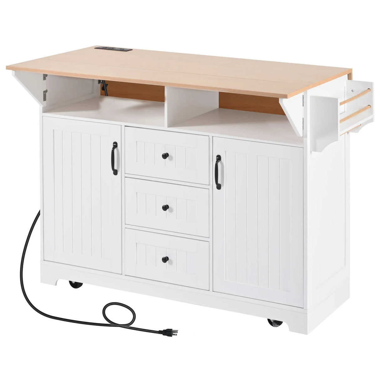 Folding Kitchen Island Cart With Power Outlet and Storage - Omega Lifestyles