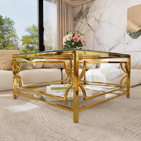 Modern Square Glass Coffee Table With Gold Metal Frame - Omega Lifestyles