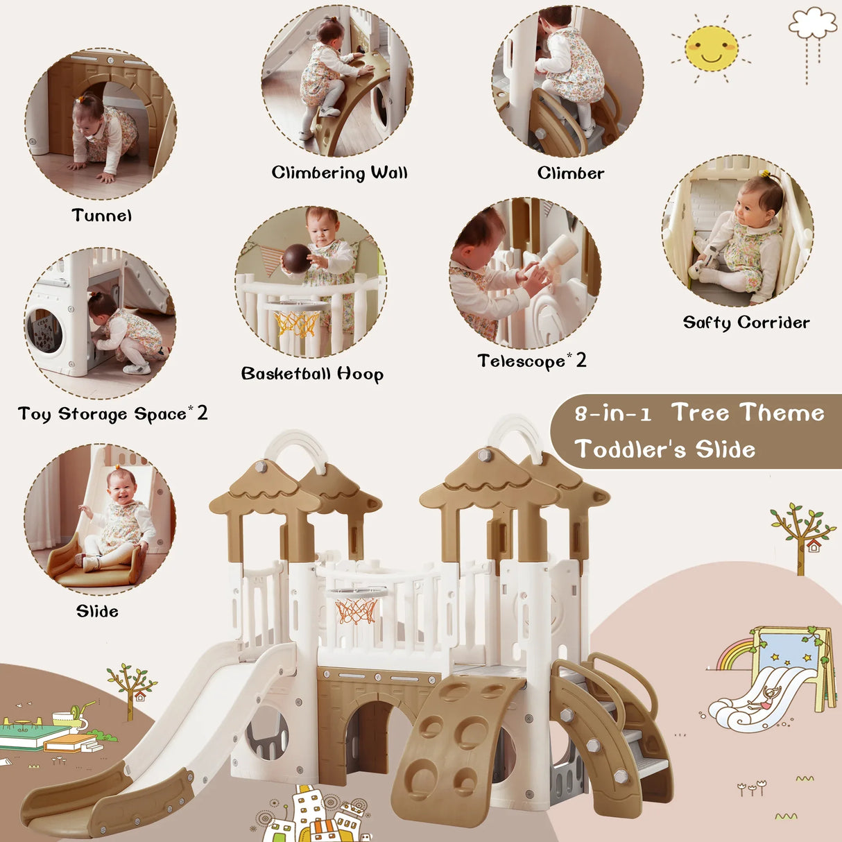 8-in-1 Toddler Freestanding Slide Climber Playset Brown - Omega Lifestyles