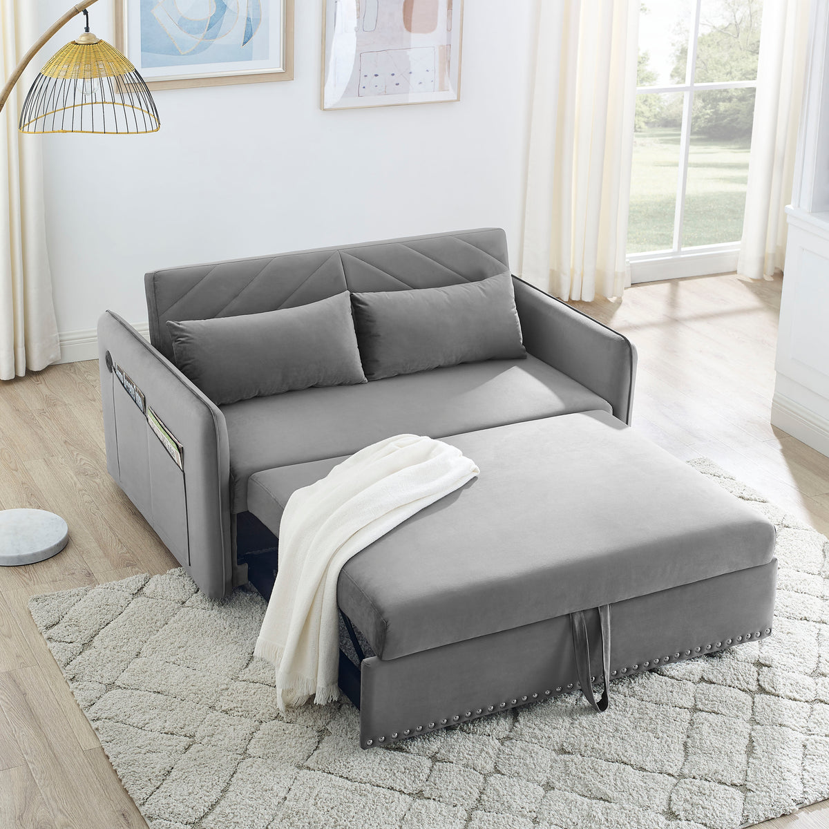 Velvet Adjustable Sleeper Sofa Bed With USB Port