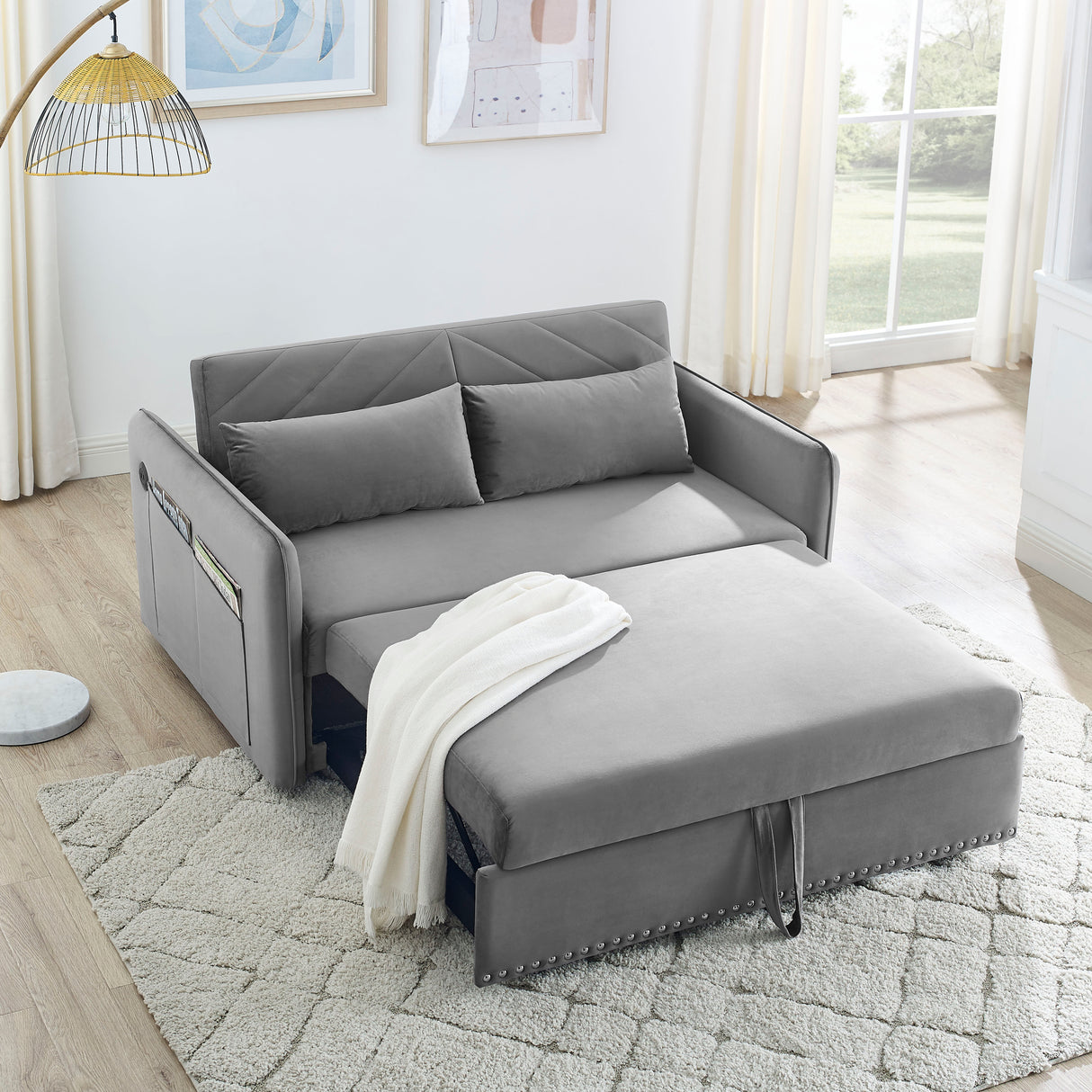 Velvet Adjustable Sleeper Sofa Bed With USB Port
