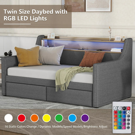 Twin Linen Upholstered Daybed With Storage Drawers Charging Station - Omega Lifestyles