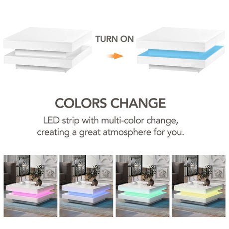 High Gloss White Particle Board Coffee Table With LED Lights - Sleep Galleria