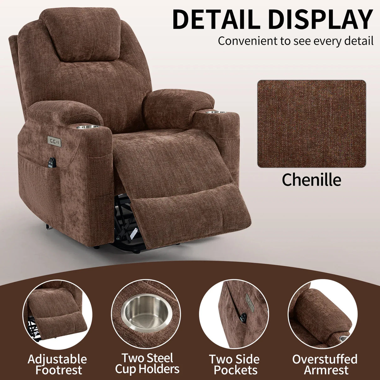Chenille Power Lift Recliner Chair With Massage Lumbar Heat - Omega Lifestyles