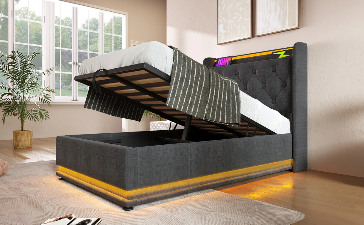 Twin Upholstered Linen Storage Bed With LED Lighting - Omega Lifestyles