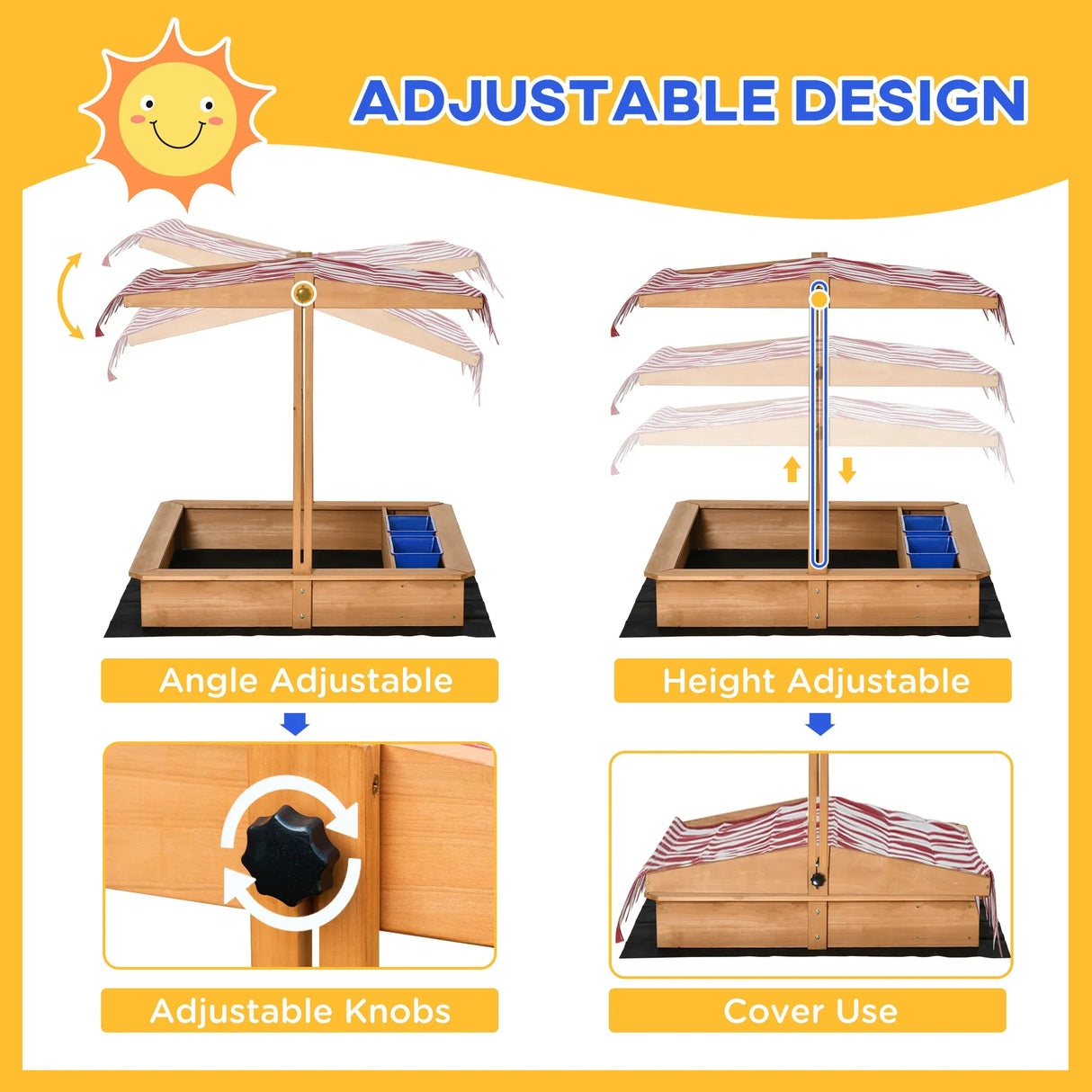 Kids Wooden Outdoor Sandbox With Adjustable Canopy Seat - Omega Lifestyles