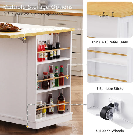 53-Inch Mobile Kitchen Island Set With Storage Drawers - Omega Lifestyles