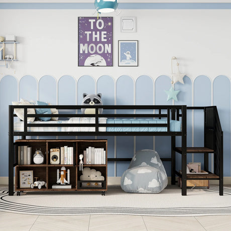 Twin Metal Low Loft Bed With Storage Cubby And Stairs - Omega Lifestyles