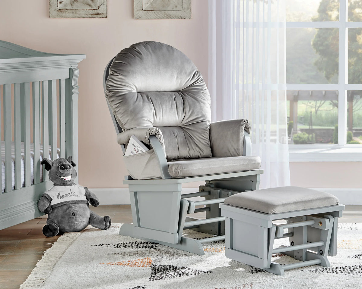 Madison Solid Wood Gray Glider Chair With Ottoman - Omega Lifestyles