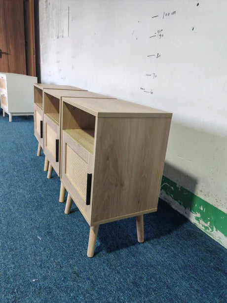 Oak Rattan Bedroom Nightstand With Solid Wood Legs - Omega Lifestyles