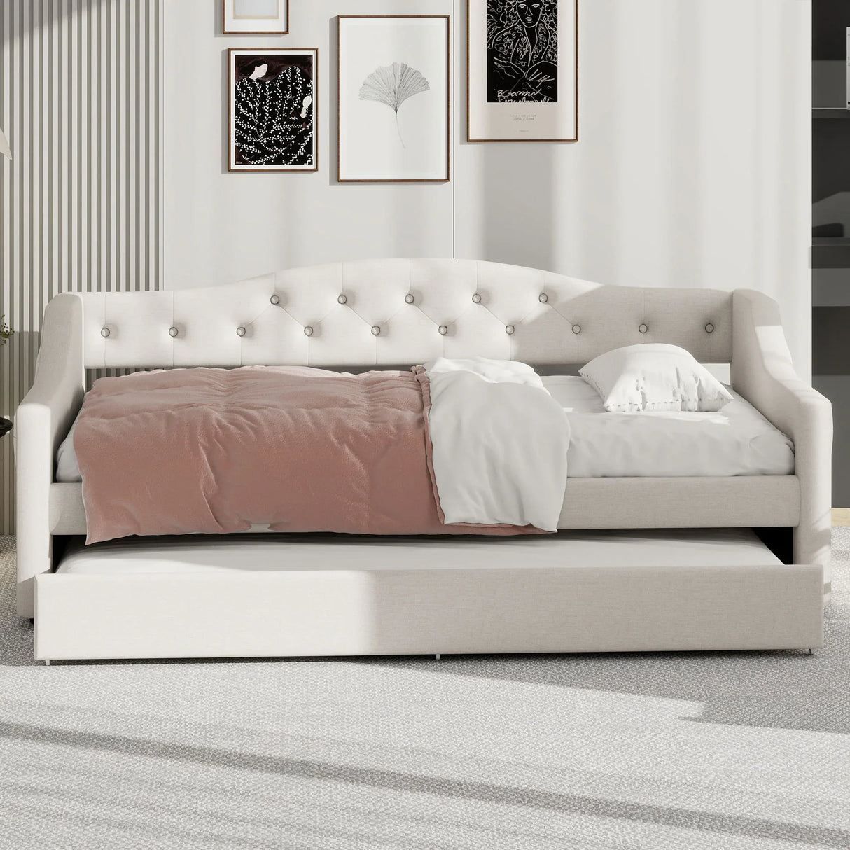 Twin XL Upholstered Linen Daybed With LED Trundle - Omega Lifestyles