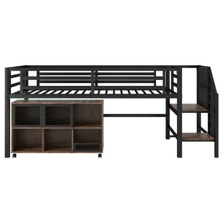 Twin Metal Low Loft Bed With Storage Cubby And Stairs - Omega Lifestyles