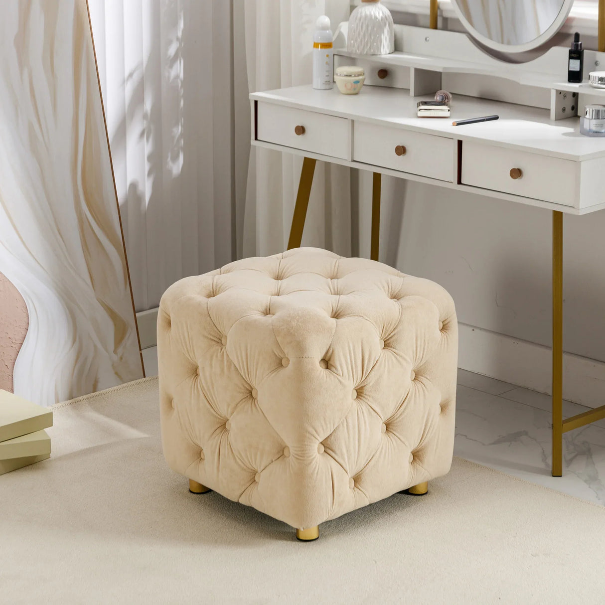 Beige Velvet Storage Ottoman With Concealed Compartment - Omega Lifestyles