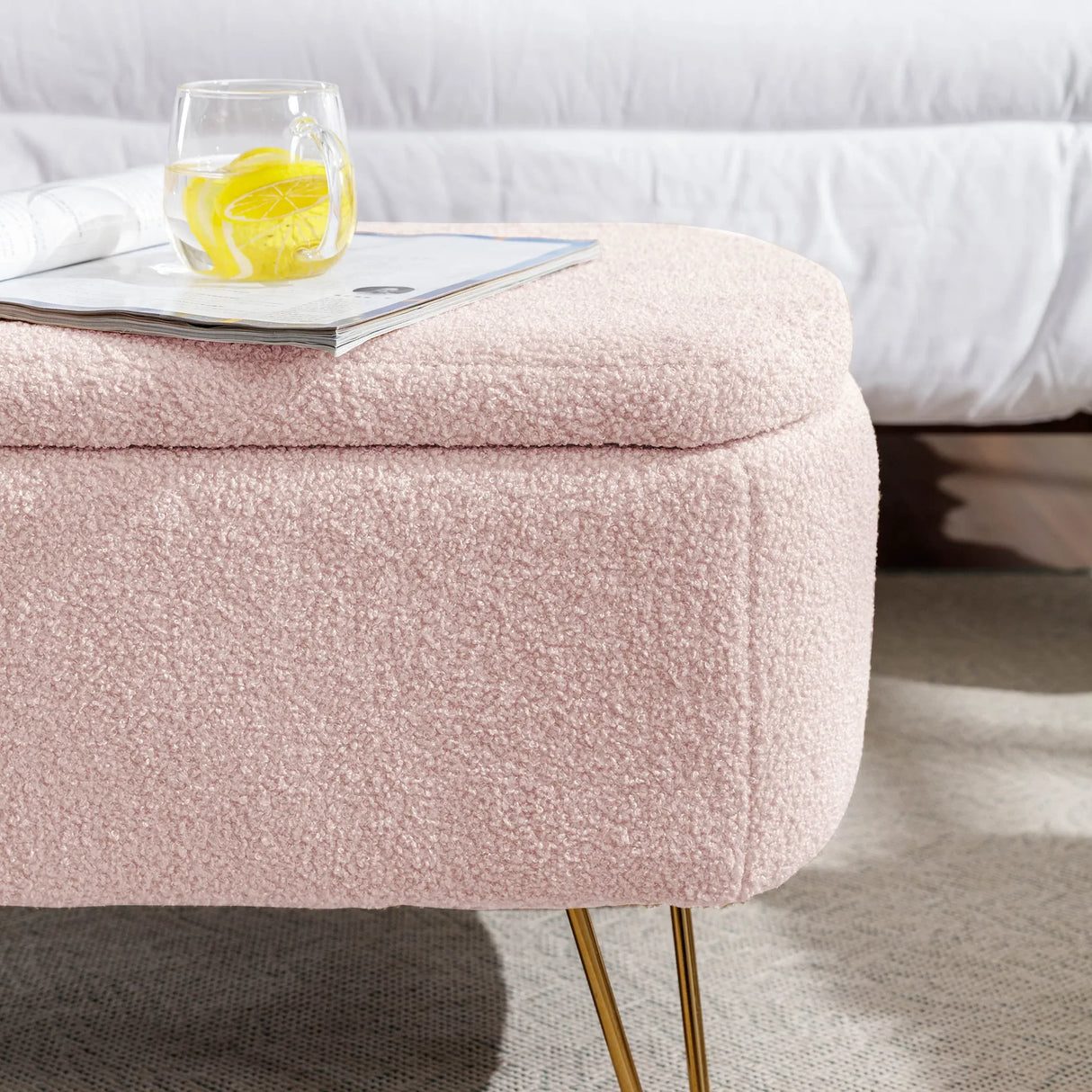 Pink Faux Fur Upholstered Storage Bench With Gold Legs - Omega Lifestyles