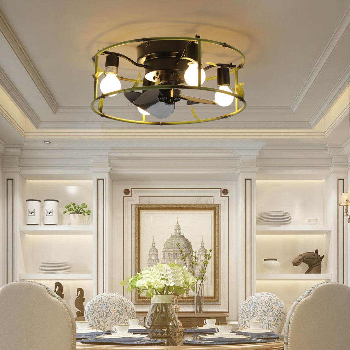 Green Industrial Flush Mount Ceiling Fan With Light