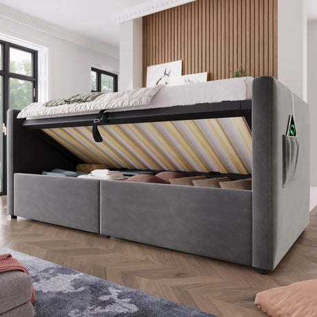 Twin Gray Velvet Upholstered Hydraulic Storage Daybed With USB Charging - Omega Lifestyles