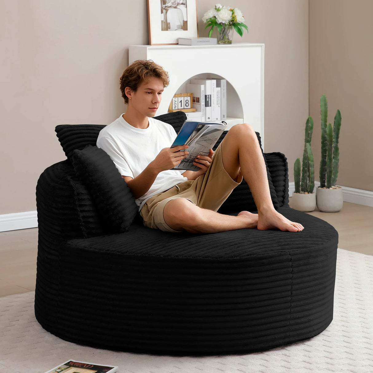 Modern Corduroy Boneless Floor Round Lounge Chair With Pillows - Omega Lifestyles