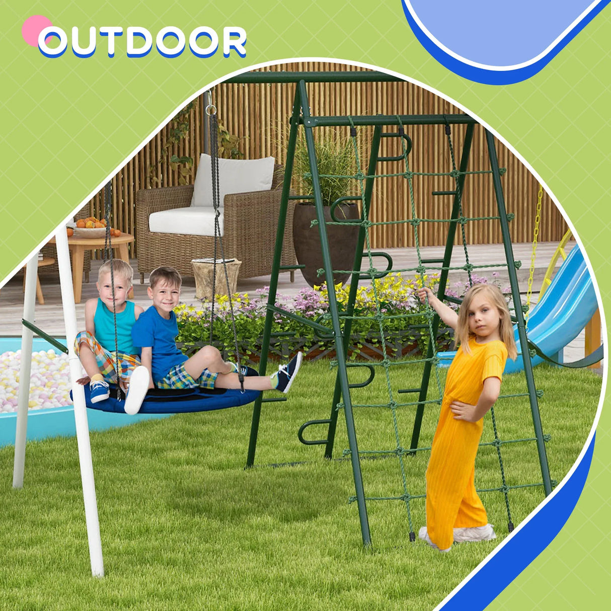 Heavy-Duty Steel Kids Outdoor Swing Set With Slide - Omega Lifestyles