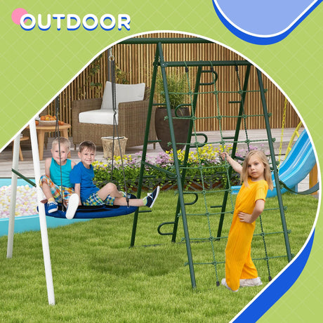 Heavy-Duty Steel Kids Outdoor Swing Set With Slide - Omega Lifestyles